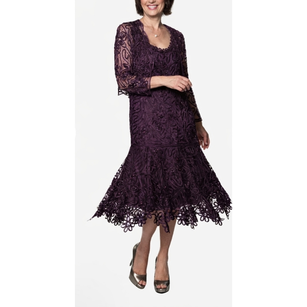 Soulmates C9126 Silk Beaded Tea Length Dress with Bolero Jacket Set L Aubergine